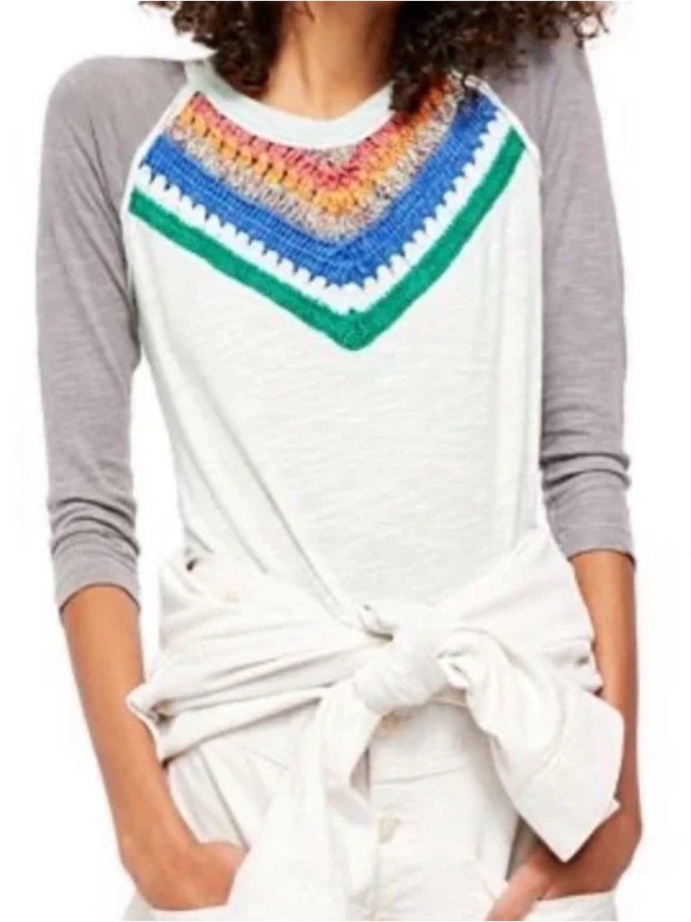We The Free Multicolor Crochet Yoke Sweater with White Trim